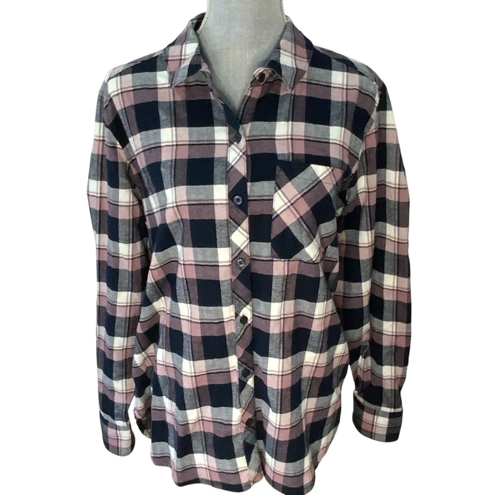 Orvis Flannel Shirt Womens XL Navy Plum Plaid Long Sleeve Button Up Outdoor Soft